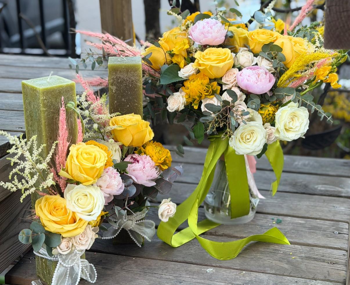 Lumanari patrate si buchet de mireasa ,,Spring yellow,,